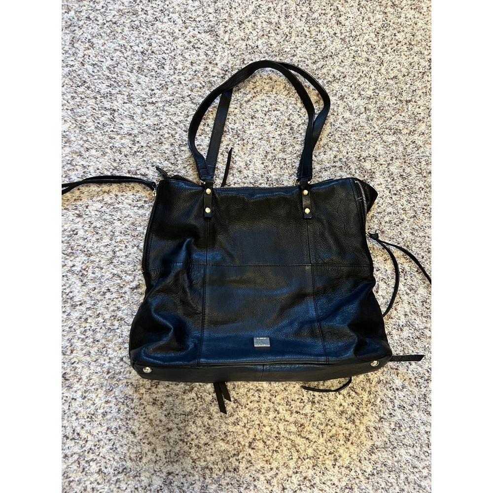 New Kooba Everette Tote Shoulder Bag Black Leather Expandable Gold Hardware